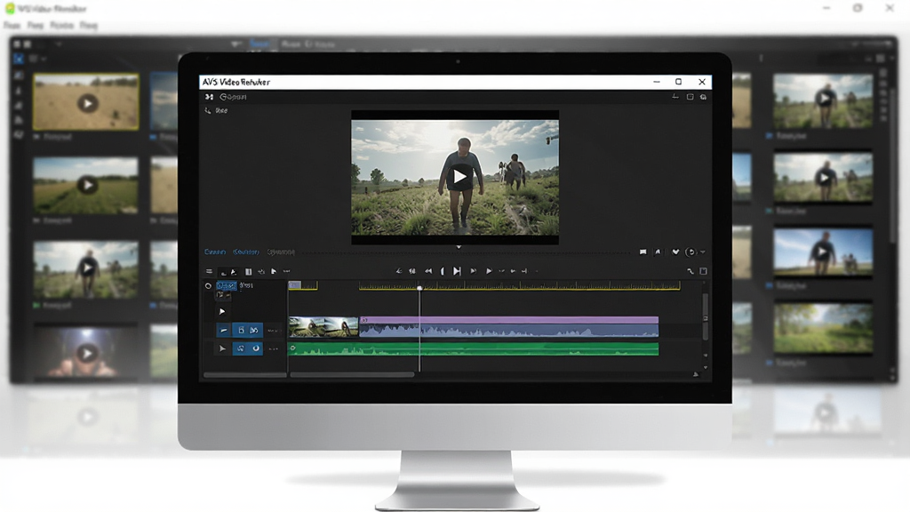 电脑屏幕显示“AVS Video ReMaker”编辑界面,正在进行视频剪辑,背景有多个视频缩略图,风格简约明亮,文字清晰,画质干净,无多余元素