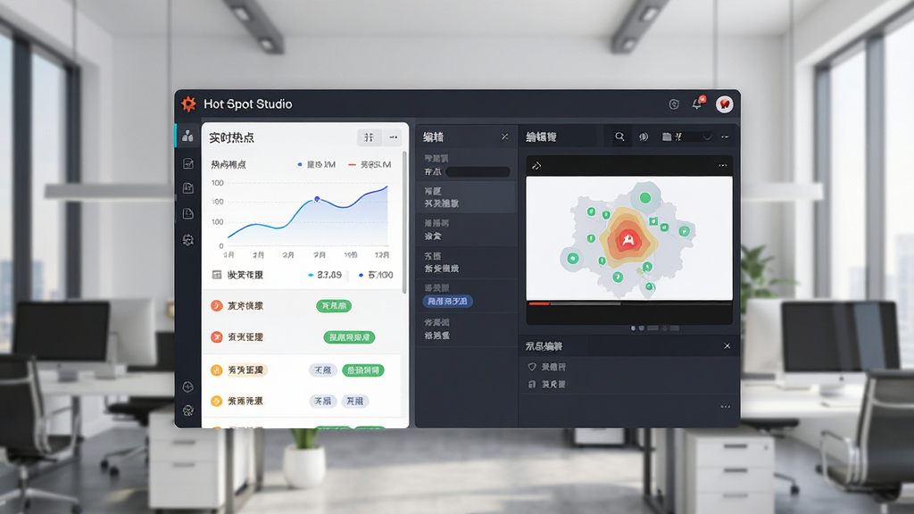 画面主体为“Hot Spot Studio”软件界面悬浮于现代办公场景之上,界面展示实时热点榜单与编辑面板,布局采用左右分栏,左侧数据列表右侧预览窗口,整体风格为扁平化科技感,细节包含趋势曲线与话题标签,画质高清干净,无多余元素