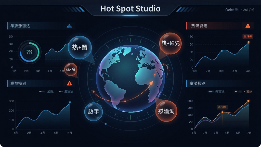 画面主体为“Hot Spot Studio”热点雷达界面,中央为动态地球仪,周围环绕上升热词气泡与趋势折线图,布局大气开阔,排版清晰,风格深色科技感,细节包含数据刷新动画与预警标识,画质流畅干净,无多余元素
