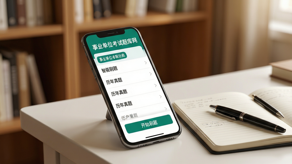 主体为一部亮屏的智能手机,屏幕内显示“事业单位考试题库网”APP主界面,界面清晰展示题库分类列表与开始刷题按钮,手机斜放在整洁的书桌一角,旁边摊开笔记本与黑色签字笔,背景为暖色调书房,书架隐约可见。布局采用中心构图,手机屏幕朝向前方。排版简洁,手机屏幕内容为视觉焦点,文字标签“事业单位考试题库网”、“智能刷题”、“历年真题”清晰可读。风格写实且带轻度质感,光影柔和,细节丰富,画质高清,干净无多余元素。