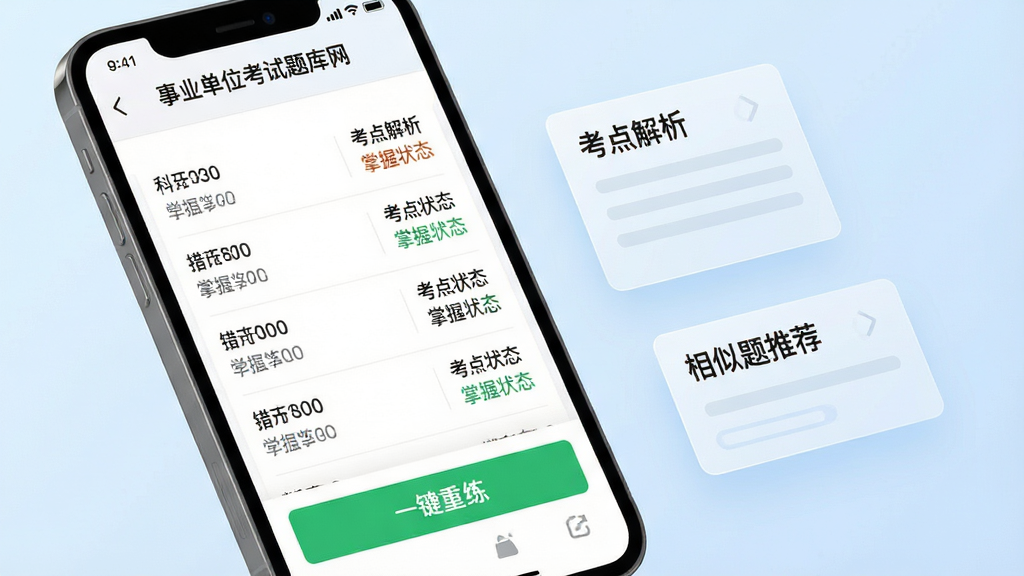 主体为一部智能手机屏幕特写,界面显示“事业单位考试题库网”错题本页面,以列表形式展示各科错题数量与掌握状态,底部有“一键重练”绿色按钮。手机右侧漂浮着几块半透明的知识卡片,卡片上印有“考点解析”与“相似题推荐”字样。背景为淡蓝色渐变,轻盈干净。布局扁平化,信息层级分明,风格简洁现代,画质高清,无多余元素。