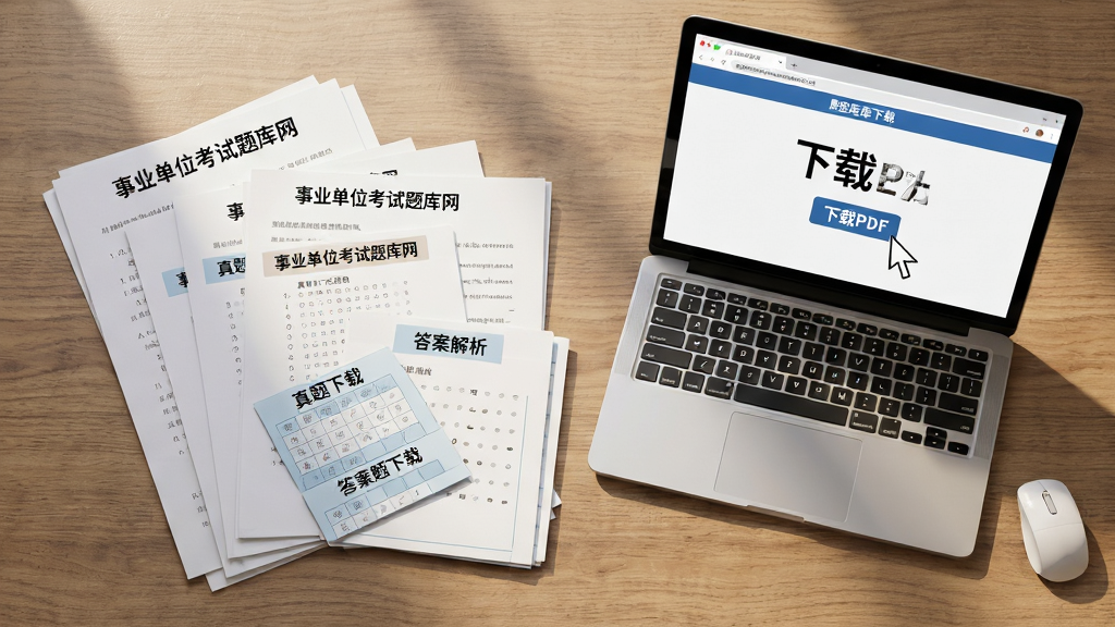 主体为一张书桌俯拍图,桌面上散落着几份标注“事业单位考试题库网”的纸质试卷与答题卡,旁边一台笔记本电脑屏幕显示题库下载页面,鼠标指针悬停在“下载PDF”按钮上。桌面材质为木纹,自然光从侧上方洒落,形成柔和阴影。布局整洁有序,风格写实,文字标签“真题下载”、“答案解析”可见,画质高清,干净无多余元素。