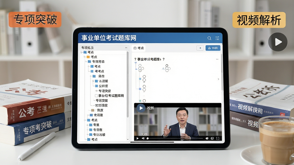 画面主体为平板电脑横屏显示“事业单位考试题库网”专项练习界面,左侧是考点树状目录,右侧为选择题作答区域,底部有解析视频播放窗口,画面中一位讲师正在讲解题目。平板周围摆放着几本公考教材与一杯咖啡,背景为简约书房。布局平稳,光线柔和,风格写实,文字标签“专项突破”、“视频解析”清晰可见,画质高清,干净无多余元素。