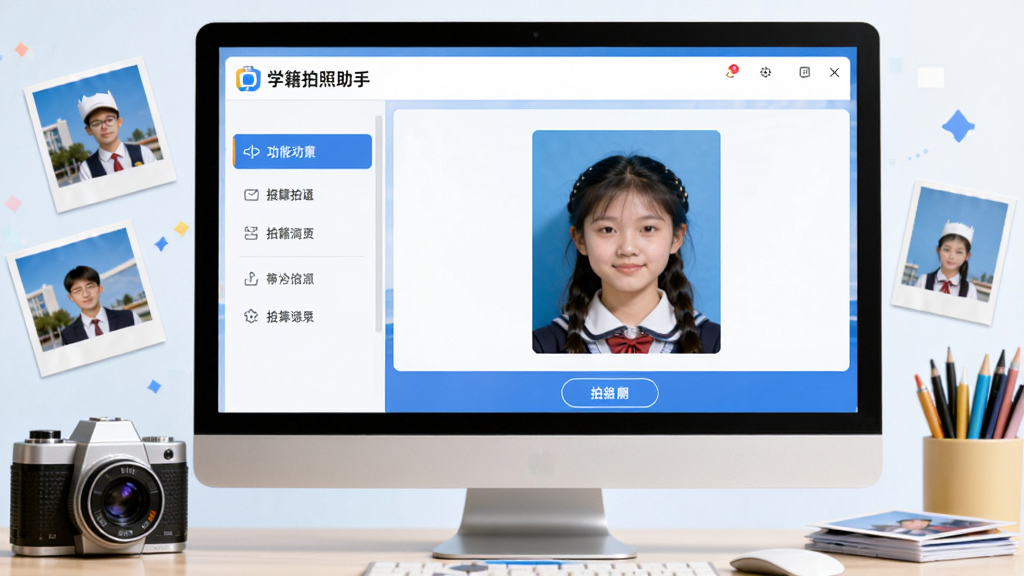 主体:一款名为“学籍拍照助手”的软件界面,显示在电脑屏幕上,周围有摄像头、照片等元素。布局:中心位置展示软件主界面,左侧为功能列表,右侧为照片预览区,下方有拍摄按钮。排版:图文并茂,界面清晰。风格:写实风格,明亮色彩,科技感。细节:界面中显示“学籍拍照助手”Logo,照片预览区有一张学生证件照,背景为蓝色。画质:高清,干净,无多余元素。