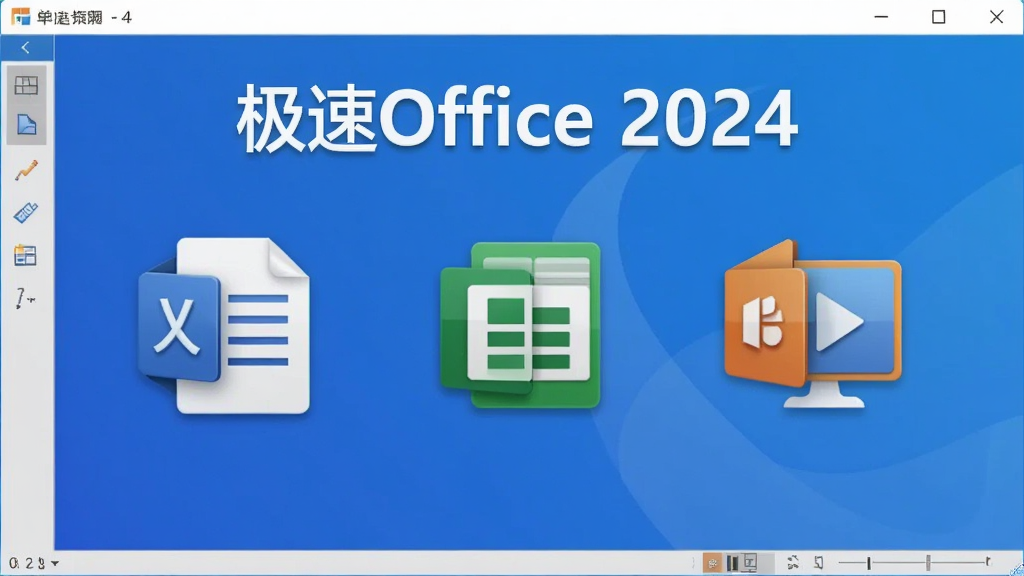 一张极速Office 2024主界面截图,包含文字处理、表格、演示三大模块的图标,背景为现代简洁的渐变蓝色调,界面布局清晰,图标立体感强,风格专业且富有科技感,画质清晰,无多余元素,文字标注“极速Office 2024”