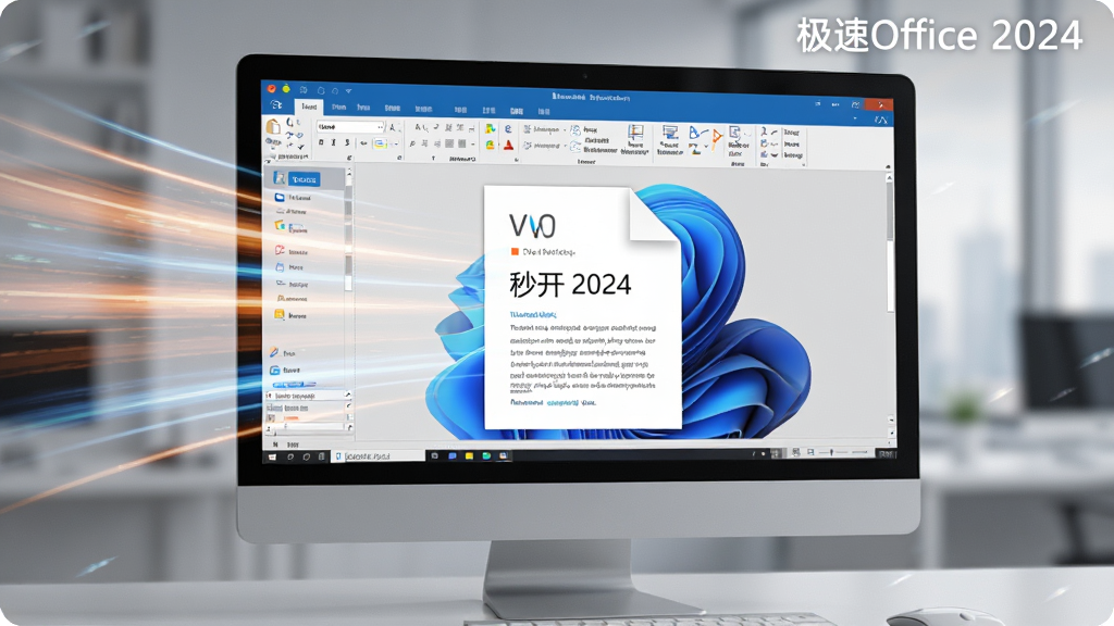 展示极速Office 2024秒开大文件的动态场景,主体为电脑屏幕中快速打开的文档界面,周围有速度线条特效,布局聚焦屏幕中心,风格写实,细节体现文件瞬间加载完成,画质清晰,无多余元素,屏幕角标带“极速Office 2024”字样