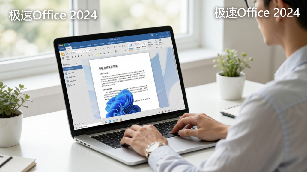 极速Office 2024使用场景,一位用户在笔记本电脑上编辑文档,桌面整洁,屏幕显示软件界面,环境明亮,布局自然,风格写实,细节体现软件流畅运行,画质清晰,无多余元素,屏幕角落有“极速Office 2024”文字