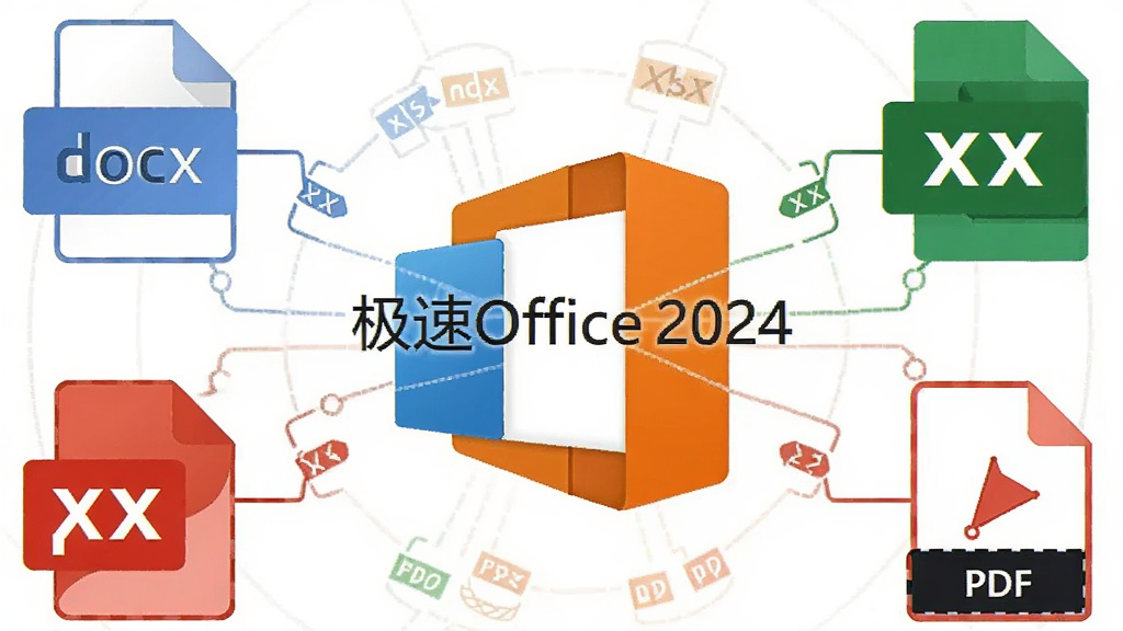 一张极速Office 2024文件兼容性示意图,画面中央为软件图标,周围环绕docx、xlsx、pptx、PDF等格式图标,布局呈环形,风格扁平化,图标颜色鲜明,细节体现格式间的互连线条,画质干净,无多余元素,中心标注“极速Office 2024”