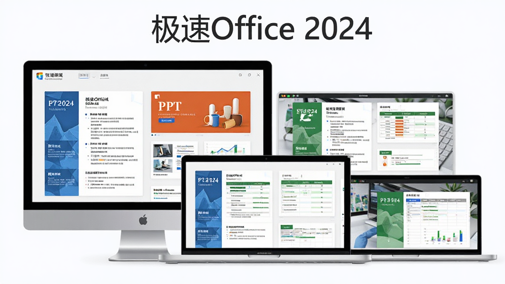 展示极速Office 2024模板库界面,主体为多屏设备展示不同风格的模板缩略图,布局错落有致,风格清新商务,细节展示简历、PPT、表格等模板预览,画质高,无多余元素,界面顶部有“极速Office 2024”标识