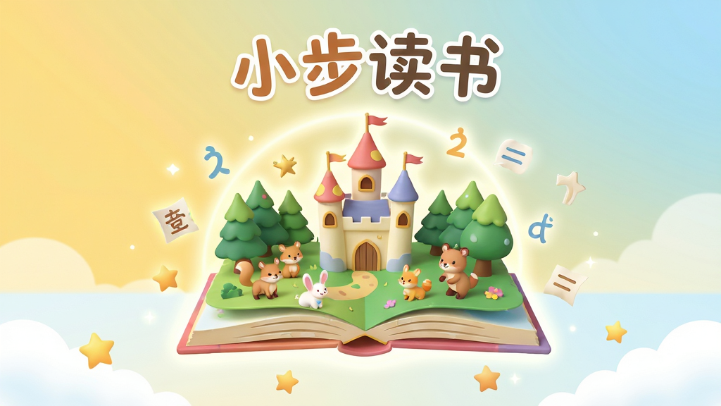 画面主体为卡通风格的一本打开的立体书,书上浮现出城堡、森林、小动物等童话元素,周围有柔和的光晕和飘浮的文字符号。布局采用居中构图,书本位于视觉中心,背景为渐变的暖黄色与淡蓝色天空。排版上,上方留白区域加入艺术字标题“小步读书”,下方点缀星星和云朵。风格清新童趣,色彩明快柔和,细节丰富,画质细腻干净,无多余元素。