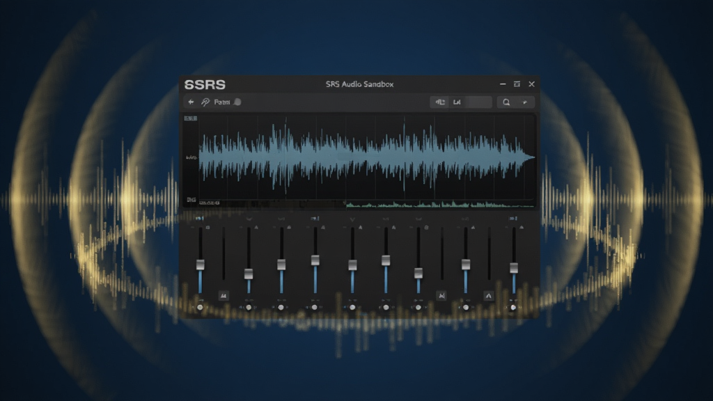 画面中央展示SRS Audio Sandbox软件主界面,界面风格现代简约,背景为深蓝色渐变,界面中显示音频波形图与多个控制滑块。界面周围环绕着半透明的金色声波与环绕声场特效,营造出科技感与沉浸感。整体布局饱满,主体突出,排版整洁,风格为高精度的3D渲染风格,细节丰富,画质清晰,干净无多余元素。