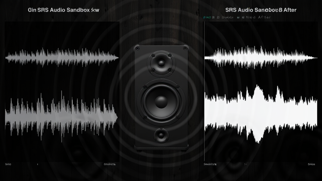 展示SRS Audio Sandbox的低音增强效果图,画面左侧为普通状态的音频波形,右侧为增强后的波形,低频部分明显加粗。背景为深色木质纹理,中央放置一个高保真音箱,周围有低音辐射的波纹效果。布局简洁,风格为科技感3D渲染,画质清晰,干净无多余元素。