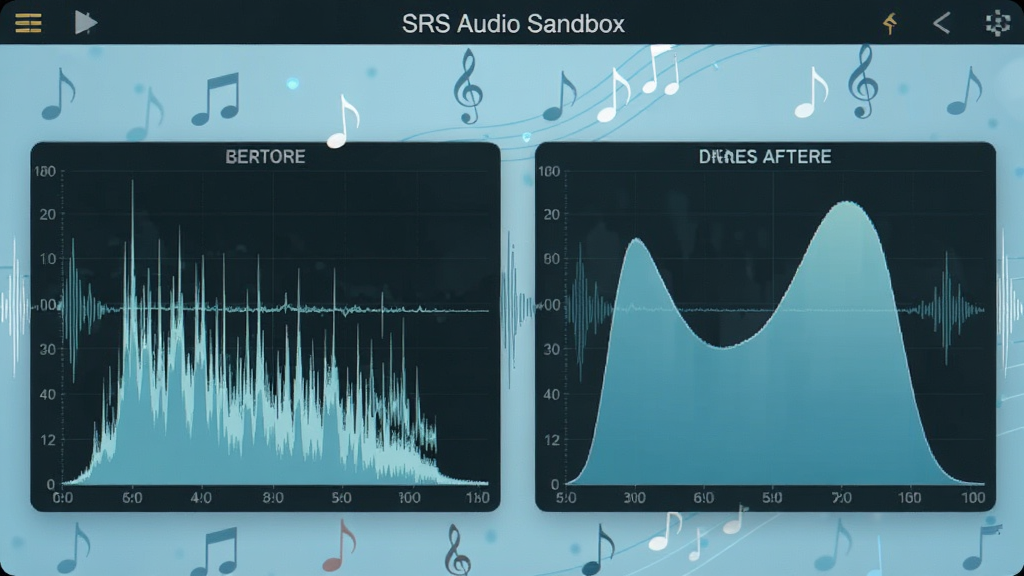 特写镜头展示SRS Audio Sandbox的音频修复界面,界面中显示频谱分析图,左侧为修复前的锯齿状频谱,右侧为修复后的平滑饱满频谱。背景为淡雅的科技蓝,点缀有音乐符号与波形线条。布局为左右对比式,风格为扁平化与写实结合,画质细腻干净,无多余元素。