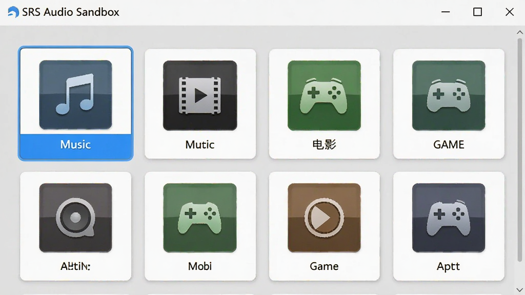 展示SRS Audio Sandbox软件中的预设选择界面,界面中排列着多个音效模式图标,如音乐、电影、游戏等,每个图标下方有名称。界面风格为简洁的卡片式布局,背景为浅灰色,使用蓝色高亮显示当前选中项。整体风格干净明亮,画质清晰,无多余元素。