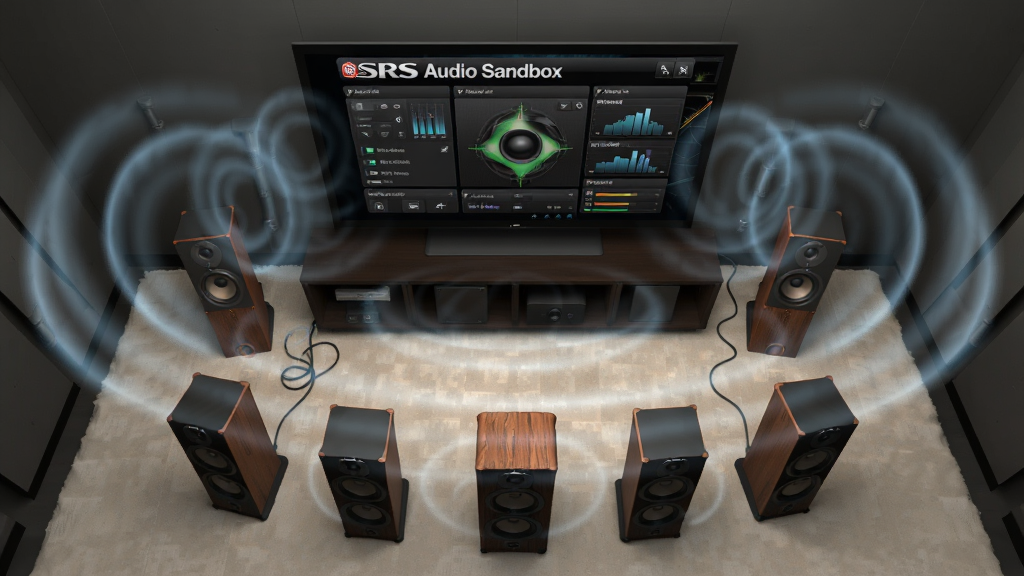 俯视角度展示一个家庭影院场景,电视屏幕中显示SRS Audio Sandbox的音频处理界面,电视前方摆放着多个音箱,音箱周围有半透明的声波扩散与反射轨迹,模拟环绕声场效果。整体布局为对称构图,风格为写实3D渲染,细节包括音箱纹理与声波光效,画质清晰干净,无多余元素。