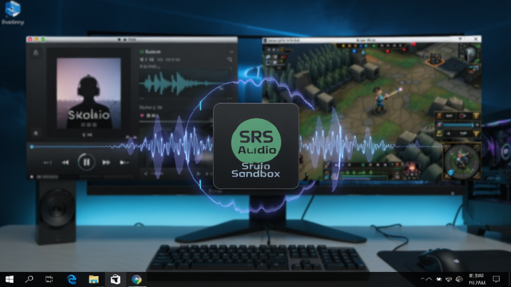 展示SRS Audio Sandbox在Windows系统任务栏中的运行图标,图标周围有音频波动特效。背景为电脑桌面,屏幕上同时打开着音乐播放器与游戏窗口,暗示软件对多程序音频的全局处理能力。布局为场景化展示,风格为写实与科技感结合,画质清晰,干净无多余元素。