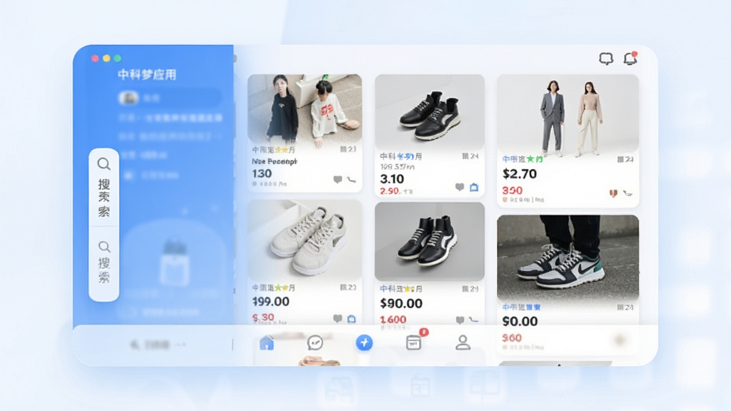 中科梦购物应用主界面,展示商品瀑布流与底部导航栏,左侧悬浮搜索框,整体采用蓝白渐变主色调,现代简约风格,界面干净明亮,布局清晰,高清渲染,细节精致