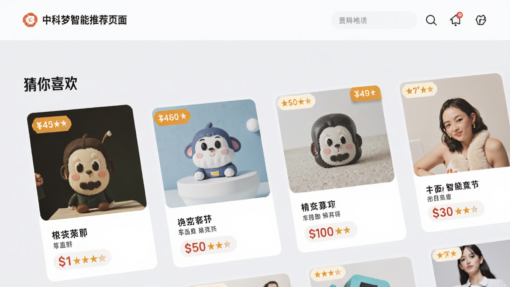 中科梦智能推荐页面,展示“猜你喜欢”模块,商品卡片错落排列,包含价格与评分标签,背景柔和浅灰,扁平化设计风格,画质清晰,无多余元素