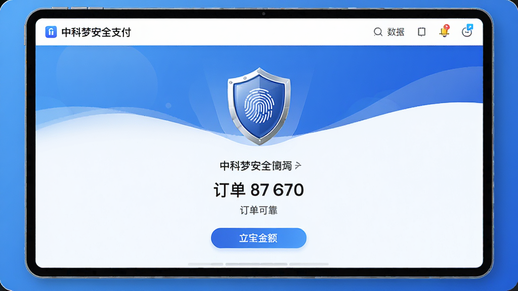 中科梦安全支付界面,显示订单金额与指纹验证图标,背景为渐变蓝色,中央有盾牌标识,强调安全可靠,界面简洁大气,细节丰富,画质高清