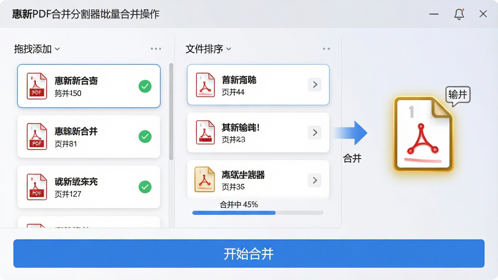 ���壺����PDF�ϲ��ָ��������ϲ��������棬��ʾ���PDF�ļ������б����Ҳ��ͷʾ��ϲ������������Ϊһ��������PDF�ļ�ͼ�ꡣ���֣����Ϊ��ק���������м�Ϊ�ļ������б����Ҳ�Ϊ���Ԥ�����Ű棺�ļ���Ƭ�������У�ÿ�ſ�Ƭ��ʾ�ļ�����ҳ�����ײ��С���ʼ�ϲ�����ť����񣺼�������񣬱���Ϊǳ�Ұ׽��䣬��ťΪ��ɫ��ϸ�ڣ��ļ���������ɫ�Թ���ʾ����״̬����������ʾ���ϲ��� 45%��������ļ����и�����ɫ�߿򡣻��ʣ��ɾ����޶���Ԫ�ء�