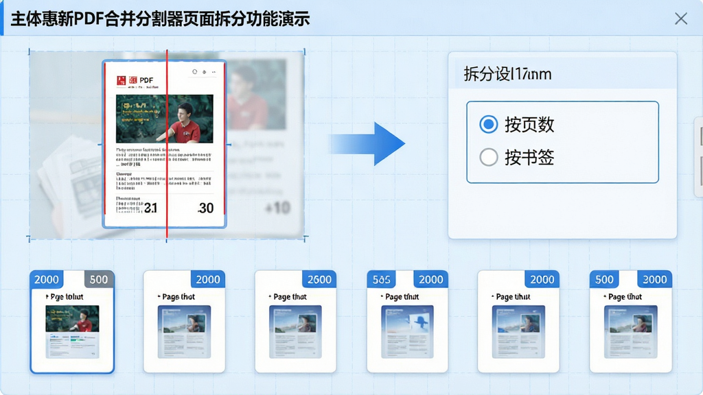 ���壺����PDF�ϲ��ָ���ҳ���ֹ�����ʾ�����ԴPDF����ͼ��ʾҳ�룬�Ҳ�Ϊ���������壬�·�չʾ��ֺ�Ķ�������ļ�ͼ�ꡣ���֣����ҽṹ���м��м�ͷ���ӣ���ʾҳ�汻����Ĺ��̡��Ű棺Դ�ļ�����ͼ����ɫ�ָ��ߣ��Ҳ�ѡ������С���ҳ�����͡�����ǩ����ѡ��ť�������ˬ�Ƽ��У�����Ϊǳ��ɫ����ϸ�ڣ���ֺ���ļ��Կ�Ƭ��ʽ���У�ÿ����Ƭ�Ǳ���ʾҳ����Χ�����ʣ��߷ֱ��ʡ��ɾ����޶���Ԫ�ء�