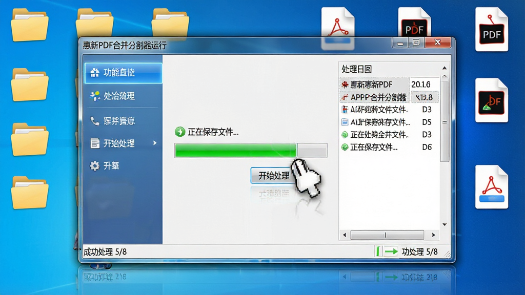 ���壺����PDF�ϲ��ָ���������Windows���棬���������ʼ��������ť��������ʾ��ɫ�����������֣��������ھ��У���Χ���ļ���ͼ���PDF�ļ�ͼ���׺���Ű棺��������๦�ܵ����������Ҳ���ʾ������־�������ʵ��ͼ��񣬴���΢��Ӱ�ͷ���Ч����ϸ�ڣ��������Ϸ��С����ڱ����ļ�...����ʾ���ײ�״̬����ʾ���ɹ����� 5/8�������ʣ����塢�ɾ����޶���Ԫ�ء�
