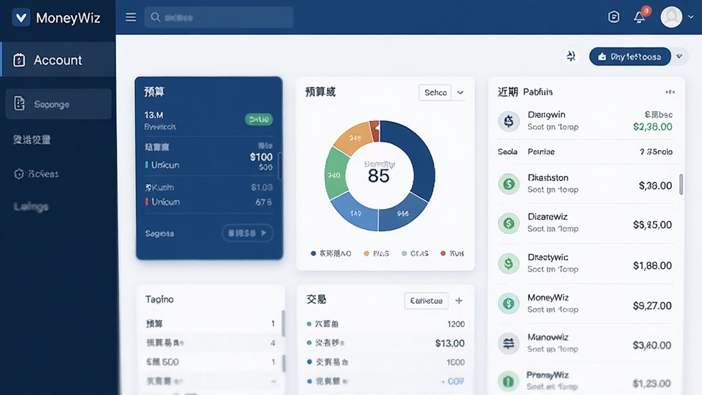 MoneyWiz个人财务管理软件主界面预览图,画面展示账户总览、预算环状图与近期交易列表,整体采用深蓝与白色搭配的商务风格,卡片式布局,界面干净整洁,细节丰富,画质高清,无多余元素