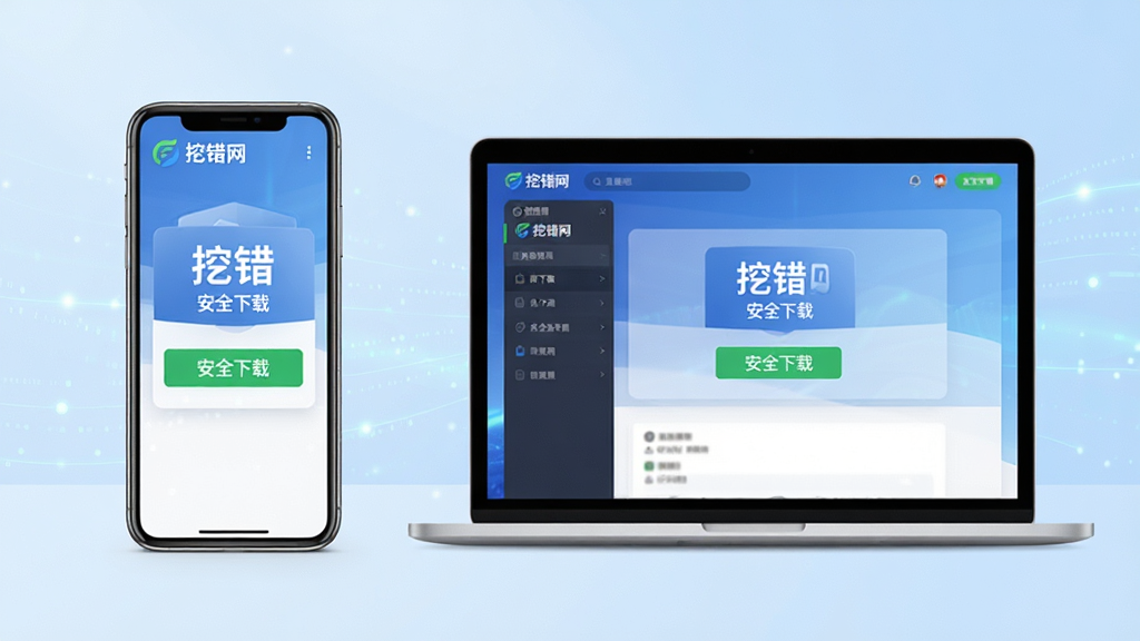 主体为“挖错网”软件在智能手机与笔记本电脑上的双设备使用场景图,左侧是一部手机,右侧是一台笔记本,屏幕均显示挖错网界面,界面中有“安全下载”绿色按钮。布局为左右对称,排版干净。背景为浅蓝色渐变,营造科技氛围。风格写实,光线柔和,细节上手机与笔记本屏幕内容清晰可见。画质高清,画面干净,无多余元素。