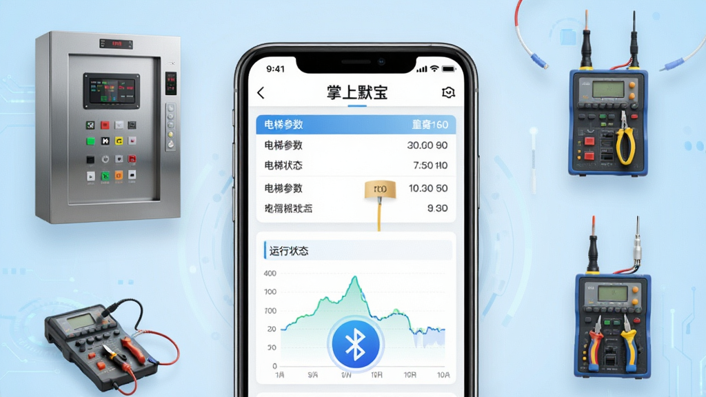 画面主体为一部智能手机,屏幕清晰显示“掌上默宝”APP主界面,界面中有电梯参数列表、运行状态图表、蓝牙连接图标;手机周围环绕着电梯控制柜、调试工具等元素。布局采用手机居中、四周环境点缀的构图,排版简洁,浅蓝色科技背景。风格写实且具科技感,细节丰富,画质干净高清,无多余元素。