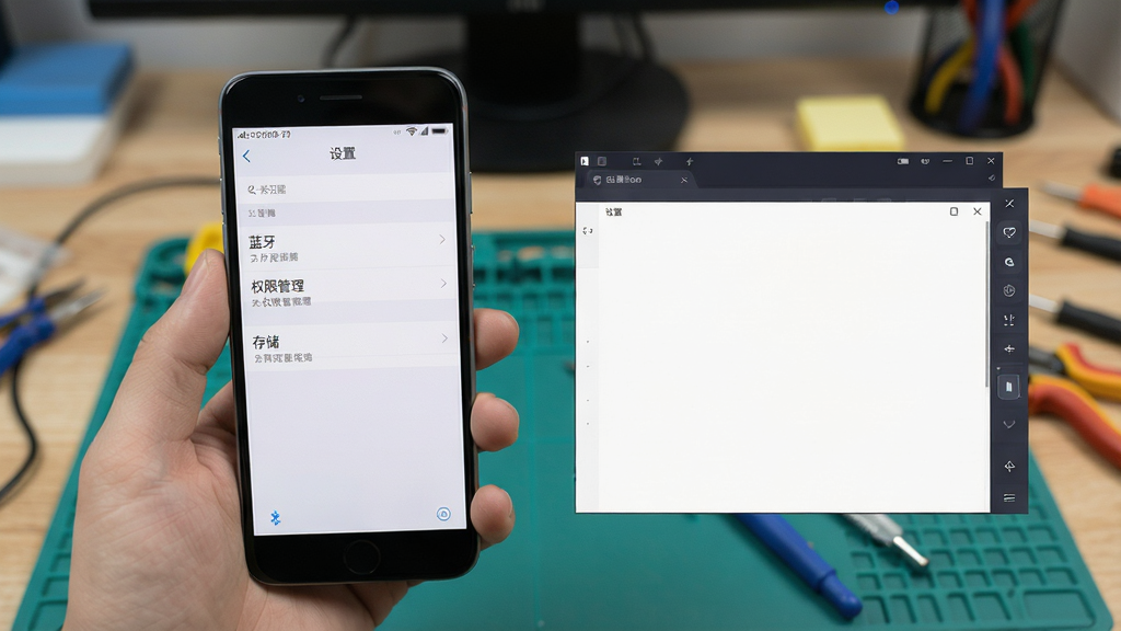 画面主体为手机显示“设置”页面,有“蓝牙”、“权限管理”、“存储”选项,旁边有模拟器窗口;背景为工作台。布局清晰,风格写实教学,细节展示操作步骤,画质干净,无多余元素。