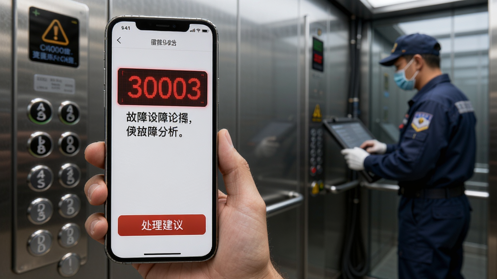 画面主体为手机故障诊断界面,显示红色故障码“30003”及文字说明,下方有处理建议按钮;背景为电梯按钮面板和检修人员。布局突出手机界面,搭配警示色,风格写实专业,细节展现故障分析能力,画质干净,无多余元素。