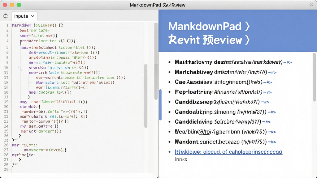 主体:MarkdownPad实时预览功能展示,左侧输入文字,右侧同步显示格式化效果。布局:屏幕中央为软件界面,左右分栏,右侧有醒目的标题和列表。排版:分栏清晰,左侧代码,右侧渲染结果,色彩对比舒适。风格:现代简洁,强调同步性。细节:右侧文字带有Markdown标记的样式,如加粗、斜体、链接。画质:高清,干净,无多余元素。