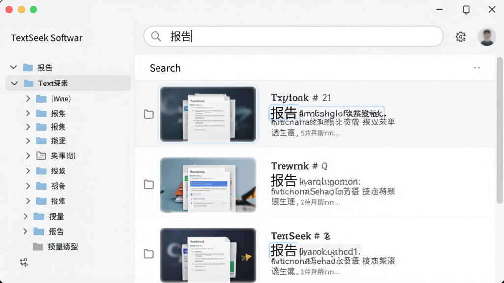 主体:TextSeek软件主界面,显示搜索框和结果列表。布局:左侧文件夹导航树,右侧搜索结果预览,顶部搜索栏。排版:清晰简洁,列表排列有序。风格:现代扁平化,浅色主题。细节:搜索框内输入“报告”,结果高亮显示关键词,缩略图清晰。画质:高清,干净,无多余元素。