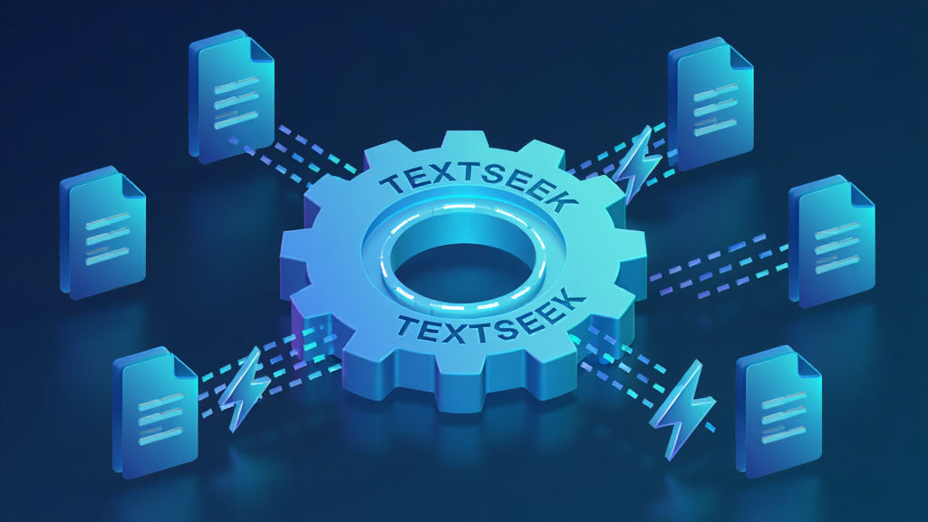 主体:TextSeek索引引擎工作示意图,用齿轮和数据流表示。布局:中心为发光齿轮,周围环绕文档图标和闪电符号。排版:元素分布均匀,充满科技感。风格:3D渲染,蓝色与青色渐变。细节:齿轮上刻有“TEXTSEEK”字样,数据流用虚线表示,闪电符号表示速度。画质:高分辨率,干净,无多余元素。