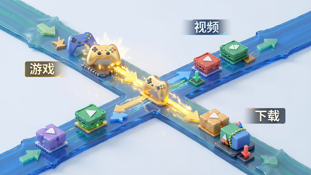 主体:cFosSpeed流量整形示意图。布局:中央为网络数据流,分别标记为“游戏”、“视频”、“下载”,游戏数据被高亮并优先通过。排版:数据流方向清晰,优先级标识明显。风格:3D渲染风格,色彩明亮。细节:数据包形状各异,游戏数据带有金色光效。画质:高清细腻,干净,无多余元素。