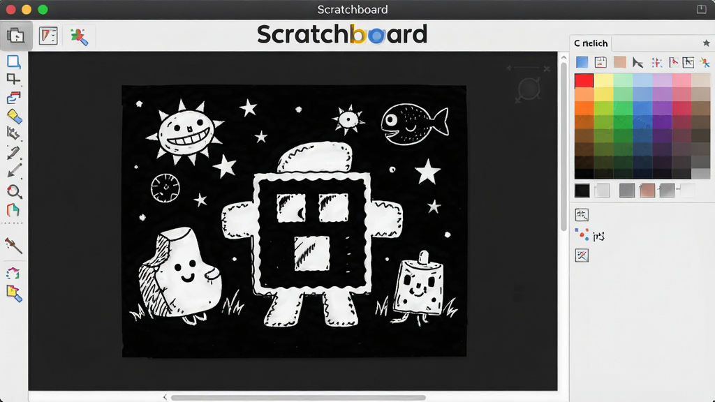 һ��չʾScratchboard����������ĸ���ͼƬ�����������ɫ��������๤�������Ҳ���ɫ��壬��������һ����ɵĺڰ׹λ���Ʒ������Լ�ִ�������������ϸ�ڷḻ�����ʸɾ����޶���Ԫ�أ�ͼƬ���ֱ�ע��Scratchboard����