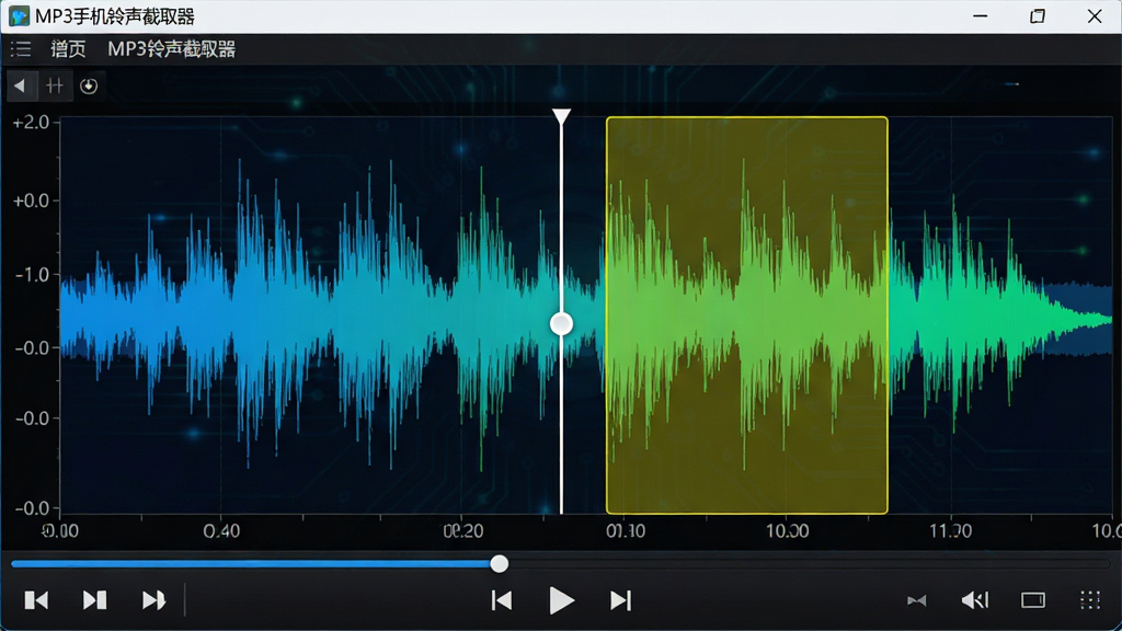 ���壺��MP3�ֻ�������ȡ���������Ĳ��α༭���档���֣�����������ʾ��ɫ����ɫ��֯����Ƶ���Σ��Ϸ�Ϊ�˵������·�Ϊ���ſ��������Ű棺����ͼƽ��������ʱ��̶������ɼ�����񣺿Ƽ���ʮ�㣬��ɫ���������ɫ���Ρ�ϸ�ڣ���һ����ɫ��ʱ��ָ�봹ֱ�������Σ�ѡ�������Ը�����ɫ��ǡ����ʣ�ϸ�壬�ɾ����޶���Ԫ�ء�