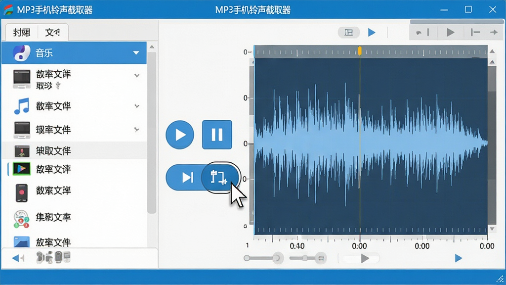���壺һ����Ϊ��MP3�ֻ�������ȡ�������������棬�ڵ�����Ļ����ʾ�����֣����Ϊ�����ļ��б����Ҳ�Ϊ���α༭�����м��в��š���ͣ����ȡ��ť���Ű棺���������������ܰ�ť�������򡣷���ִ���ƽ����ƣ�ɫ������ɫ�Ͱ�ɫΪ����ϸ�ڣ�����ͼ��ʾ������ʱ����̶Ⱦ�ϸ�����ָ����ͣ�ڽ�ȡ��ť�ϡ����ʣ����壬�ɾ����޶���Ԫ�ء�