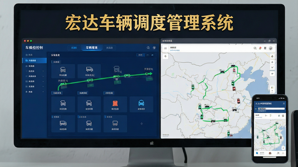 画面主体为宏达车辆调度管理系统在电脑与手机上的界面实拍,左侧是深蓝色调度控制台,右侧是浅灰色地图轨迹面板,顶部居中显示“宏达车辆调度管理系统”金色汉字,风格为现代扁平化设计,排版干净整洁,细节包含车辆图标与绿色行驶路线,画质高清,无多余元素