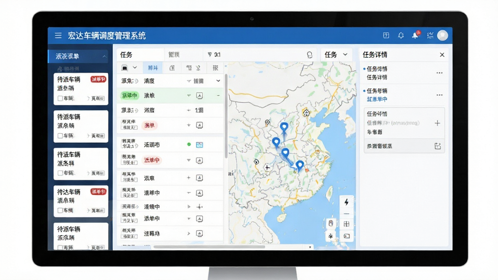宏达车辆调度管理系统智能派单操作界面截图,主体为电脑屏幕上的任务列表与地图拖拽指派动画,左侧是待派车辆卡片,右侧是任务详情窗口,风格为清爽商务蓝,排版采用左右分栏,细节包含“派单中”状态标签,画质干净,无多余元素