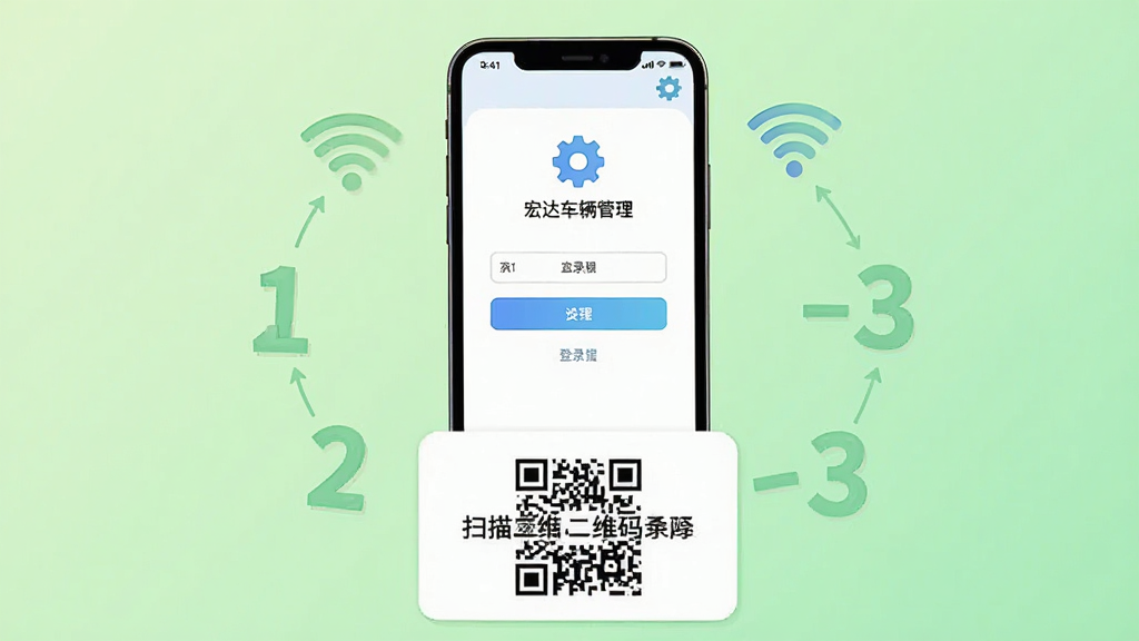宏达车辆调度管理系统App安装教程步骤图,画面主体为一部智能手机屏幕显示App登录页,手机下方放着一张写着“扫描二维码”的卡片,背景为浅绿色渐变,布局居中,排版为步骤序号1-2-3,风格为清新插画风,细节有WiFi图标和设置齿轮,画质干净,无多余元素