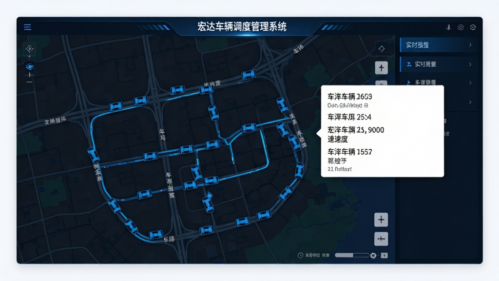 宏达车辆调度管理系统实时监控界面预览图,画面主体为深色地图背景上分布着数十个蓝色车辆小图标,右侧弹出白色信息卡片显示车牌与速度,布局为全屏地图加侧边栏,排版清晰,风格为科技蓝调,细节包括道路名称与轨迹线,画质干净,无多余元素