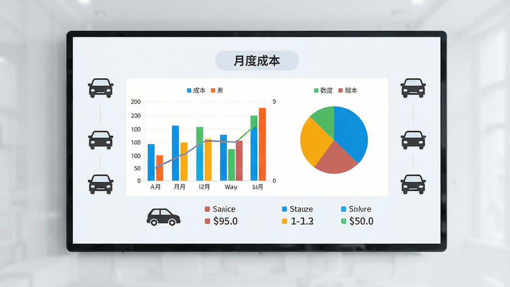 宏达车辆调度管理系统数据报表中心预览,画面主体为一块大屏幕显示器上展示的彩色柱状图与饼状图,周围环绕车辆图标和数字标签,布局居中对称,风格为简约浅色商务风,细节有“月度成本”字样,画质高清,无多余元素