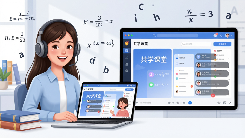 主体为一间明亮现代的在线教室,一名年轻女老师正对着笔记本电脑微笑讲课,屏幕中清晰显示“共学课堂”课程界面与互动弹幕。布局采用左右结构,左侧是老师半身像,右侧是放大的软件界面截图,排版整洁。风格为扁平化插画结合写实渲染,细节包含耳机、书本、漂浮的公式与英文字母。画质高清,整体明亮干净,无多余元素。