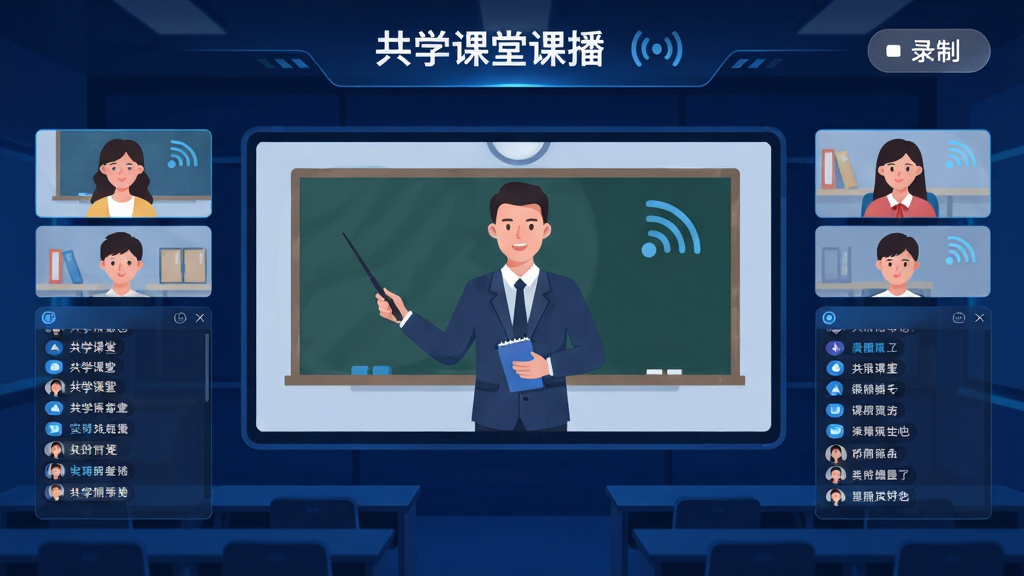 主体为“共学课堂”直播功能预览图,背景是深蓝色科技感教室。布局为中央大屏幕展示老师授课画面,四周环绕着学生端视频小窗与实时聊天列表。排版采用对称设计,顶部有课程标题与录制按钮。风格为科技扁平风,细节强调高清视频画质与流畅网络信号图标。画质清晰锐利,配色专业,无多余装饰元素。