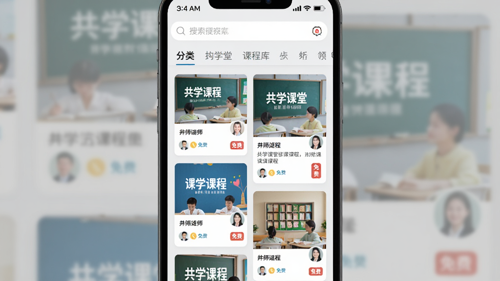 主体为“共学课堂”课程库展示界面,模拟手机端页面。布局为瀑布流卡片形式,每张卡片包含课程封面图、讲师头像与价格或“免费”标签。风格为清新的Web 2.0风格,细节有分类导航栏与顶部搜索框,背景为浅灰色突出内容。画质干净明亮,无冗余元素。
