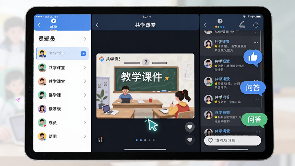 主体为“共学课堂”互动功能界面概念图,采用平板电脑作为前景主体。布局为屏幕内三分栏设计,左侧是成员列表,中间是教学课件,右侧是动态消息流。风格为UI设计稿风格,细节包含光标点击、点赞图标与问答气泡。画质高清,色彩明快,突出功能分区与易用性,无多余杂乱元素。