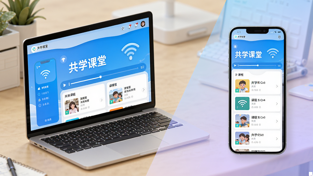 主体为“共学课堂”软件在电脑与手机上的双端运行对比图,左侧是笔记本,右侧是手机,屏幕内均清晰显示“共学课堂”主界面。布局为对角线构图,背景是柔和的渐变工作台。风格为写实3D渲染,细节包括WiFi图标、流畅播放进度条与清晰的课程列表。画质细腻,光线充足,无多余元素。