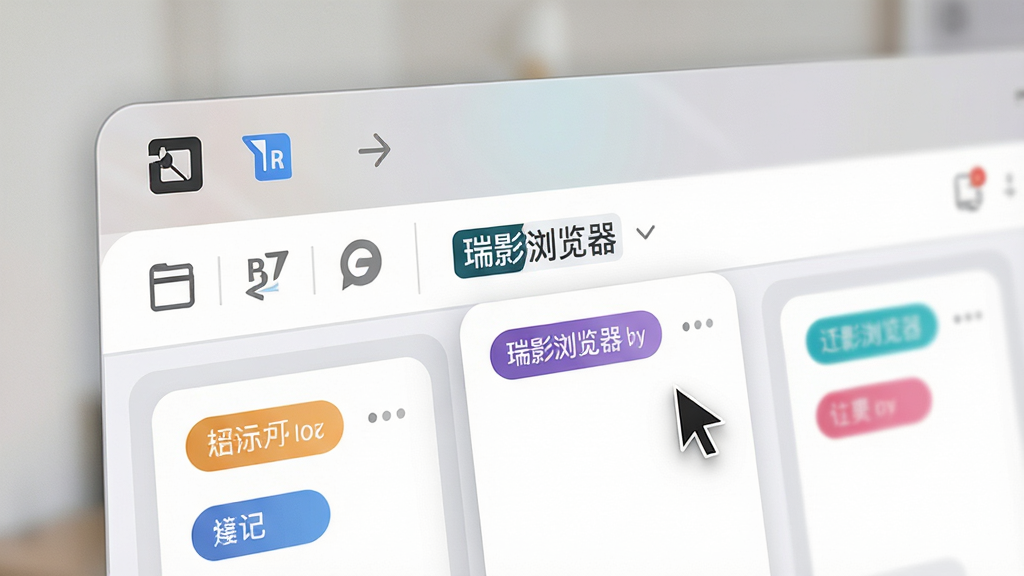 主体:一个整洁的浏览器标签页管理界面特写。布局:画面聚焦于浏览器的标签栏和工具栏区域。排版:多个标签页以卡片式分组排列,色彩标签区分不同任务,工具栏上有截图、翻译等快捷图标。风格:现代UI设计风格,圆角元素,界面清晰。细节:鼠标指针正拖拽一个标签页,图标上有“瑞影浏览器”的微缩标识。画质:4K高清,色彩柔和,界面反射出淡淡的环境光,干净整洁。