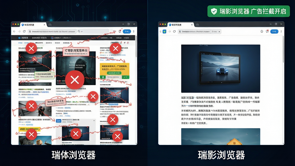 主体:一个被清理干净的网页对比场景,左侧是满是广告的杂乱页面,右侧是使用“瑞影浏览器”后的清爽页面。布局:左右分屏对比展示,背景为深色科技感渐变。排版:左侧页面被各种红色关闭按钮和广告标签覆盖,显得杂乱;右侧页面仅保留纯净的文章内容和图片,布局清晰。风格:写实与UI结合风格。细节:右侧页面顶部有“瑞影浏览器 广告拦截开启”的绿色标识。画质:高分辨率,对比鲜明,画面干净无广告干扰。